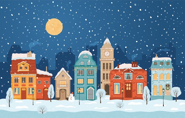 レトロなスタイルの冬の夜の街 家 月 雪だるまとクリスマスの背景 フラットなスタイルの居心地の良い街 漫画 プレミアムベクター