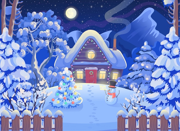 木造住宅 山 月と星空 雪だるま クリスマスツリーと冬の夜の森の風景 ベクトル漫画のスタイルのイラストを描きます クリスマスカード プレミアムベクター