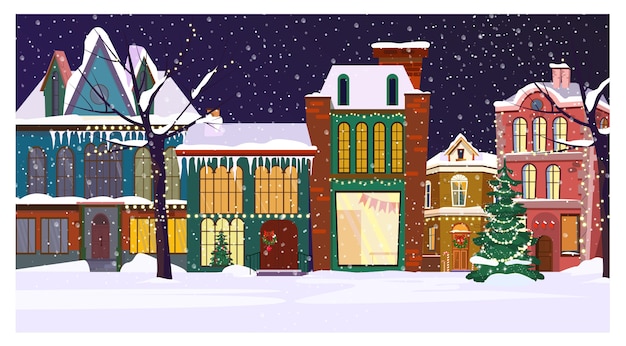 Winter night townscape with houses and decorated fir-tree Free Vector