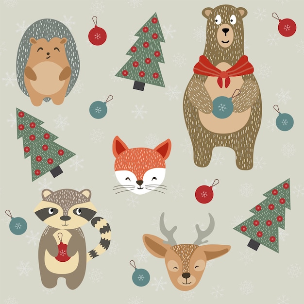 Premium Vector | Winter reindeer raccoon deer and fox christmas ...