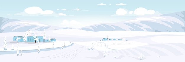 冬景色フラットカラーベクトルイラスト 丘の上にある小さな村の2d漫画の風景 雪に覆われた建物や広大な畑 プレミアムベクター