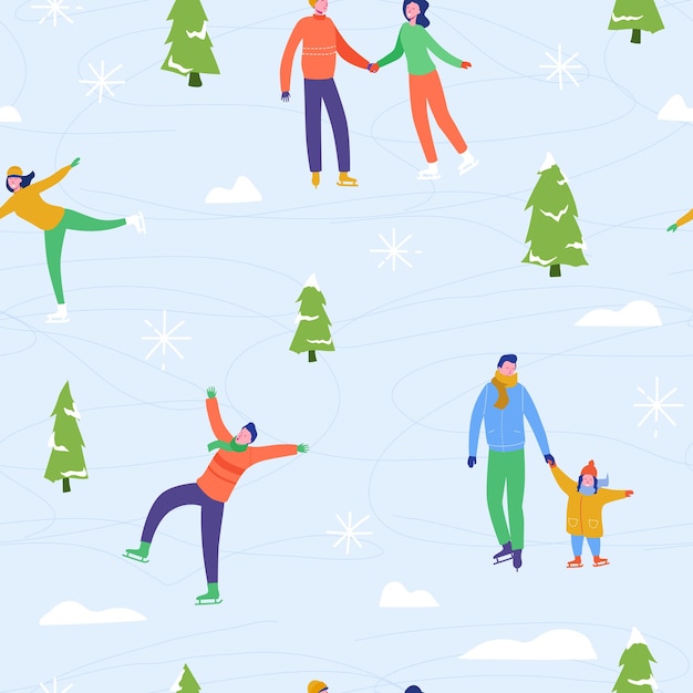 冬シーズンイラスト背景の人々の文字家族のアイススケート デザイン 包装紙 招待状 グリーティングカード ポスターのクリスマスと年末年始のシームレスなパターン プレミアムベクター