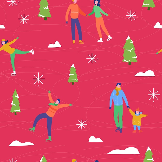 冬シーズンイラスト背景の人々の文字家族のアイススケート デザイン 包装紙 招待状 グリーティングカード ポスターのクリスマスと年末年始のシームレスなパターン プレミアムベクター