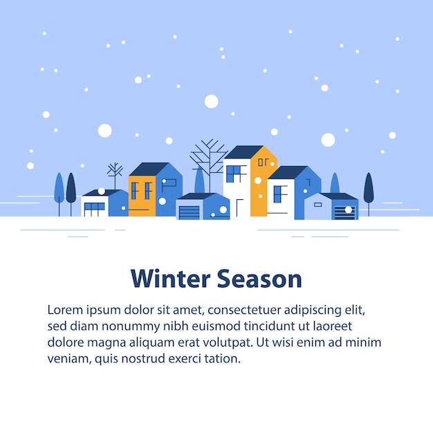 小さな町の冬の季節 小さな村の景色 雪の空 住宅の列 美しい近所 不動産開発 フラットなデザインのイラスト プレミアムベクター