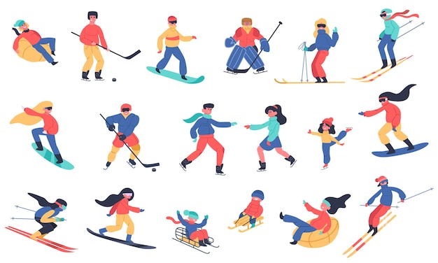 冬の雪のアクティビティ スキー スノーボード ホッケー アイススケート 家族の休日冬活動イラスト アイコンセット アイスホッケーとボード スノーエクストリームスポーツ プレミアムベクター
