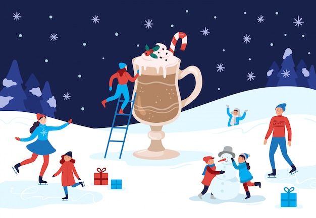 冬の温暖化ココアマグ 幸せな人々冬の活動 クリスマスを祝うし 温かい飲み物のイラストを飲む プレミアムベクター