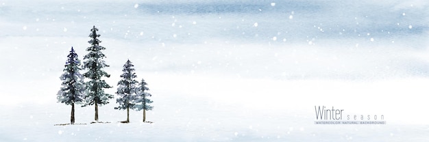 冬の水彩画の手描き 針葉樹と降雪の空と風景の背景 プレミアムベクター