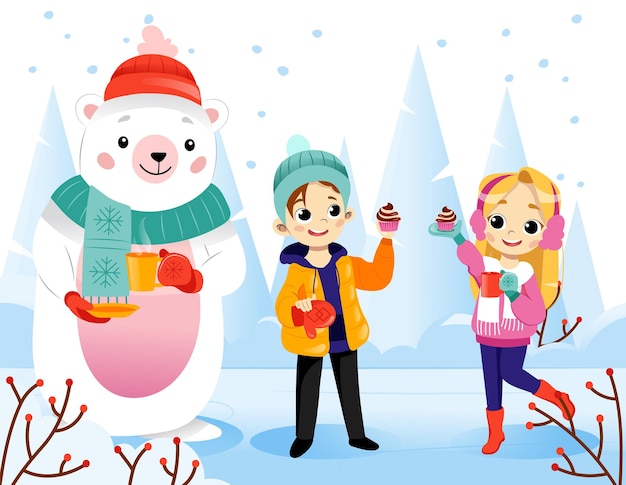 雪景色の背景に漫画フラットスタイルで冬のシーンのベクトルイラスト 立って笑っているカラフルなグラデーションキャラクター 幸せな10代の少年 少女 暖かい服を着たホッキョクグマ プレミアムベクター