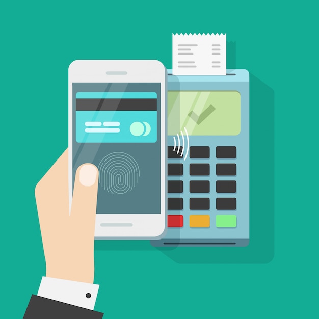 Wireless payment with mobile phone and terminal or smartphone contactless pay Premium Vector