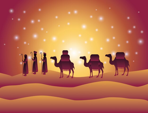 Premium Vector | Wise men traveling in the desert christmas scene