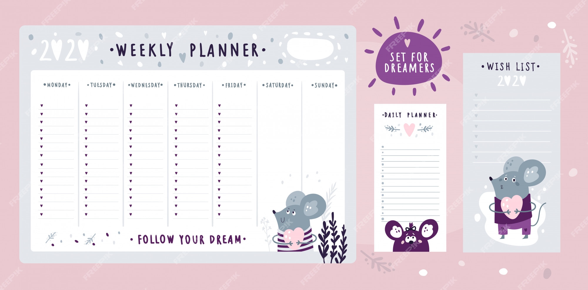 Premium Vector | Wish list template and planner with cute mouse, mice, rat