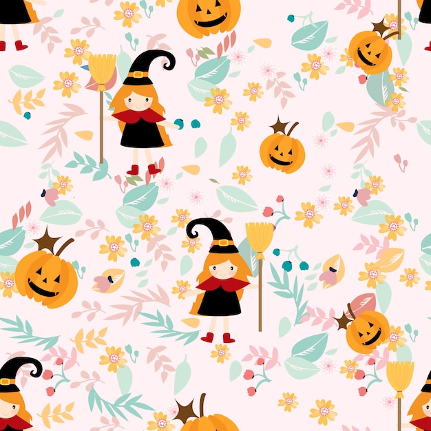 Premium Vector Witch Girl On Flower Seamless Pastel Pattern