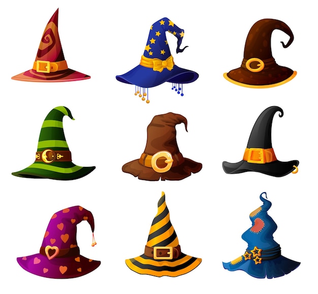 Witch, magician wizard or warlock halloween hats Premium Vector