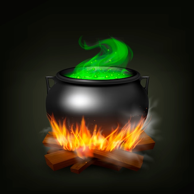 緑のポーションと黒い背景の現実的なイラストのスチームで火木の魔女鍋 無料のベクター
