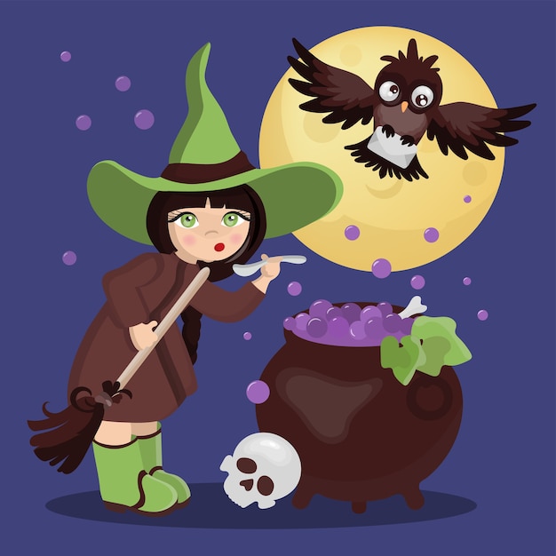 Premium Vector Witch Potion Mystic Holiday Halloween Cartoon Hand Drawn Flat Design Witch Girl Illustration
