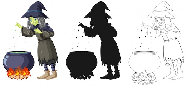 白い背景で隔離の色と概要とシルエットの漫画のキャラクターの魔法の鍋を持つ魔女 無料のベクター