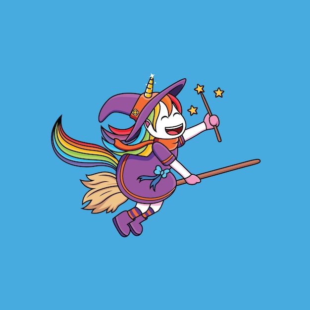 Witches unicorn flying using a broomstick Premium Vector