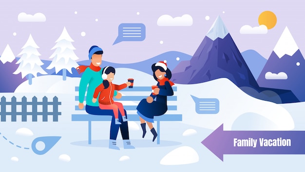 Download With family resting on bench in winter park | Premium Vector