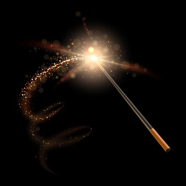 魔法使いの魔法の杖 輝きウィザードキラキラ黄金の道と奇跡の魔術師の杖 輝きの透明なライトのイラストが付いた魔法の棒 ミステリー錯視コンセプト プレミアムベクター