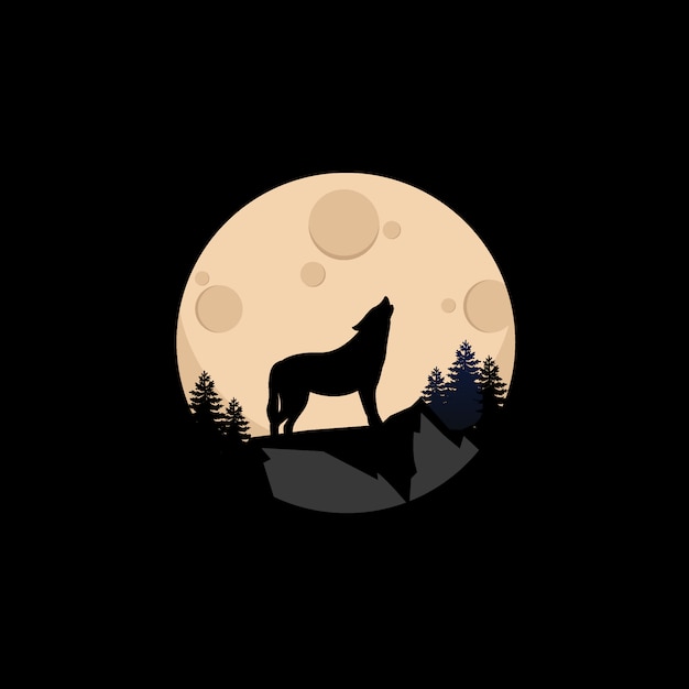 夜月背景イラストと山の頂上のオオカミ プレミアムベクター