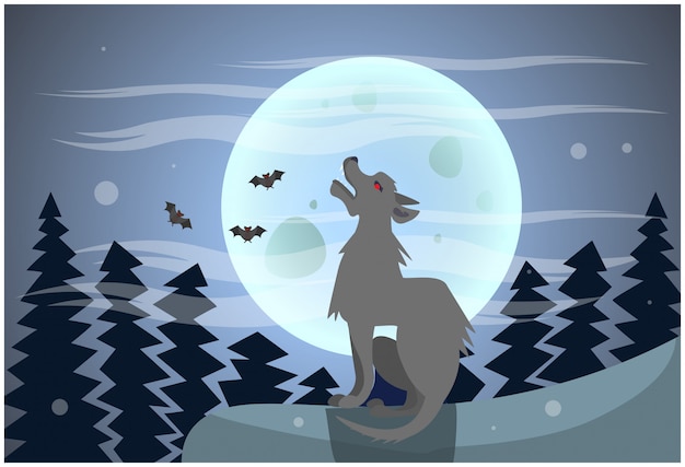 Premium Vector | Wolf howling on moon at night happy halloween