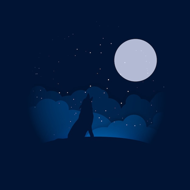 満月のイラストにハウリングするシルエットのオオカミ プレミアムベクター
