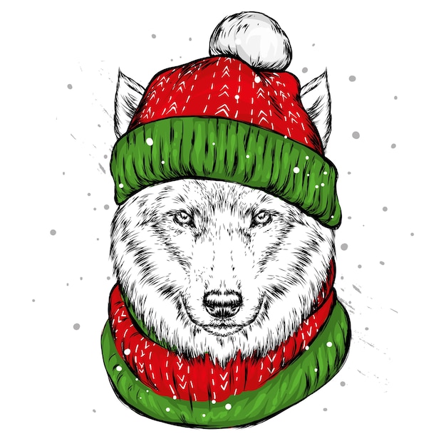 Premium Vector | The wolf in the winter hat. santa claus dog.