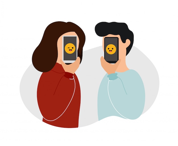 女と男の顔文字を絵文字付きの携帯電話でカバー プレミアムベクター