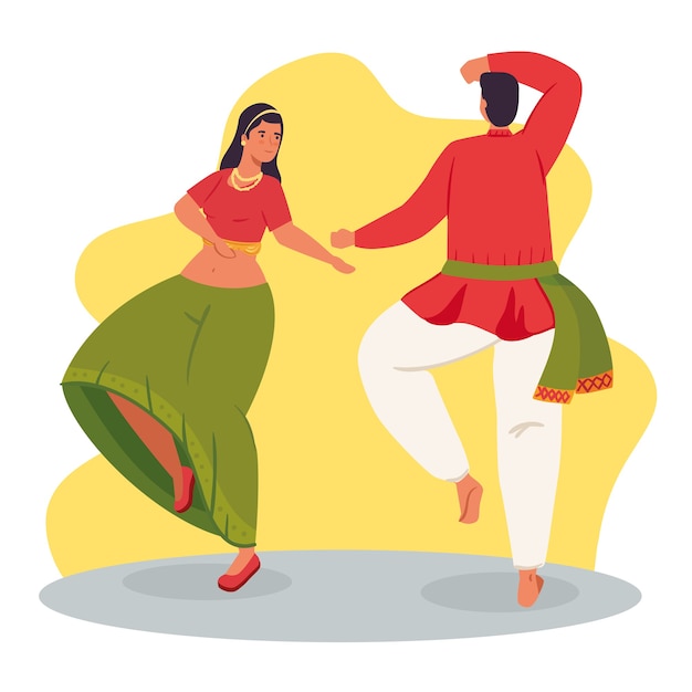 服を着た女性と男性のインド人伝統的なダンスイラストデザイン プレミアムベクター