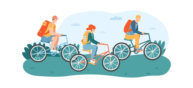 公園や芝生で自転車に乗る女性と男性の友人 プレミアムベクター