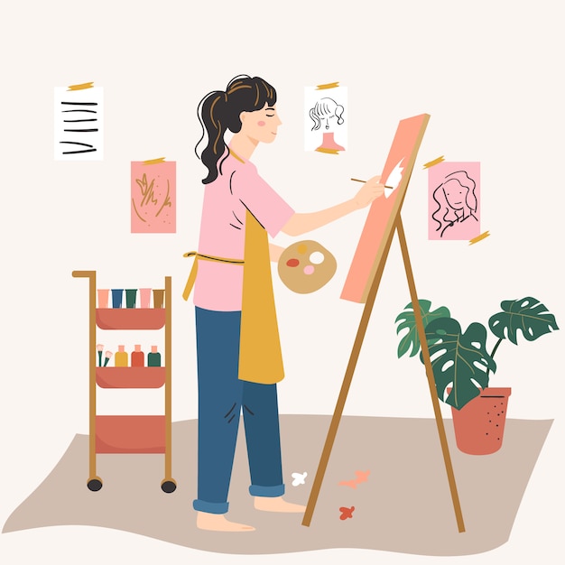Premium Vector | Woman artist painting on easel. woman hobby, activity ...