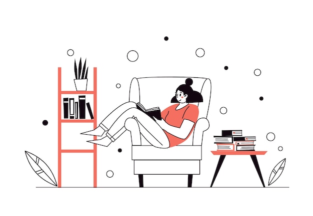 家で 椅子に横になって 本を読んでいる女性 ホームライブラリ 紙の文学を読むという概念 良い本で休んでいる若い大人の 女性 家で楽しんでいる女の子 ベクトルイラスト プレミアムベクター