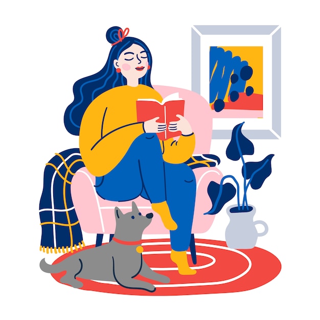 自宅で女性が椅子で本を読んでいます 面白い本を読んで または勉強して椅子に座っている女の子 家で時間を過ごす若い女性 フラット漫画イラスト プレミアムベクター