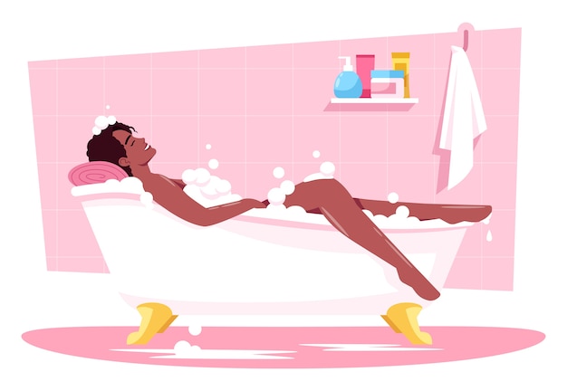 女性の半rgbカラーイラストを入浴 夜の贅沢とリラクゼーション バスルームのリラクゼーション 泡風呂 ピンクの背景の温水浴槽の漫画のキャラクターのアフリカの女性 プレミアムベクター