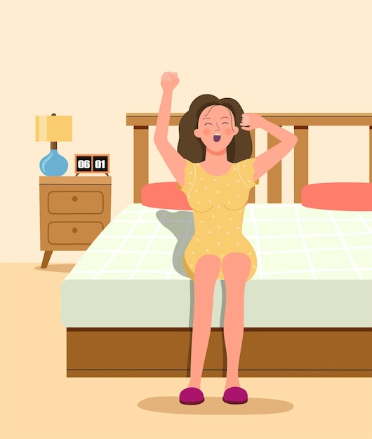 Premium Vector Woman On The Bed Yawning And Stretching Vector Illustration 1749