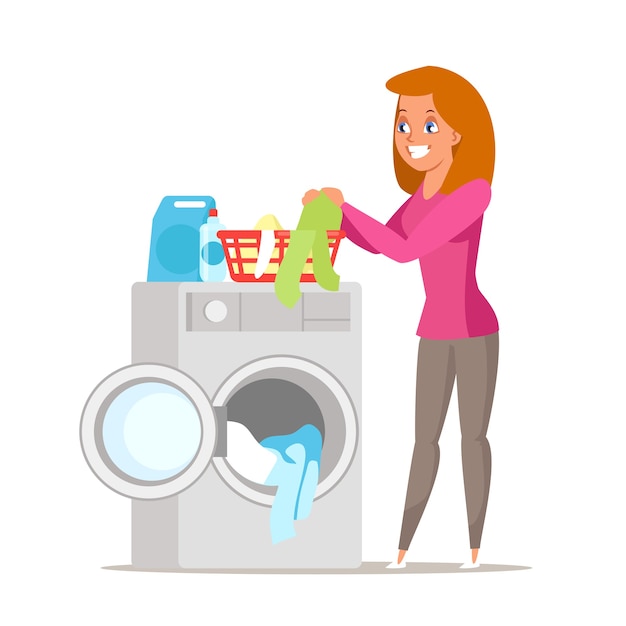 汚れた洗濯イラスト 漫画の妻 洗濯機に服を置く母親 家事をしているかわいい主婦で忙しい女性分離家事 コインランドリー 家電 プレミアムベクター