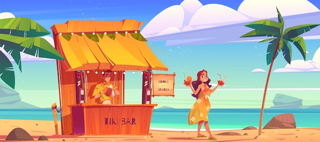 ハワイのビーチでバーテンダーとティキ小屋バーでカクテルを買う女性 無料のベクター