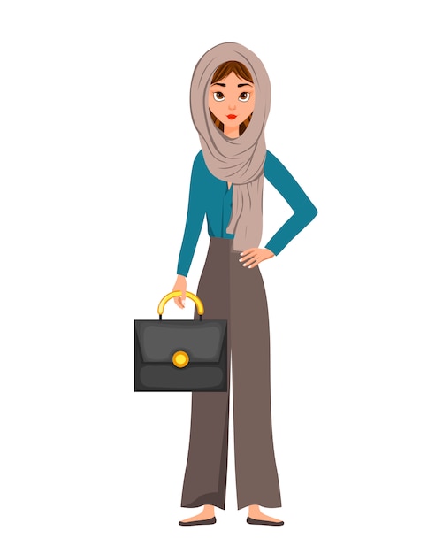  Woman character in a scarf with a briefcase on white background. illustration.