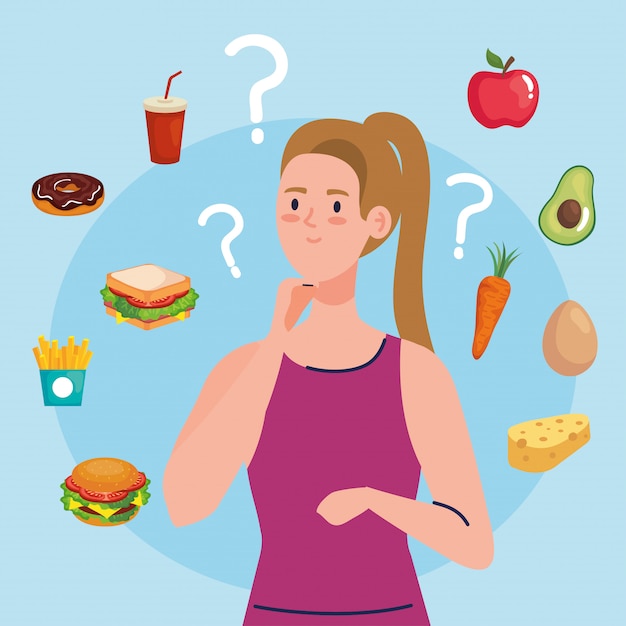 Premium Vector | Woman choosing between healthy and unhealthy food ...