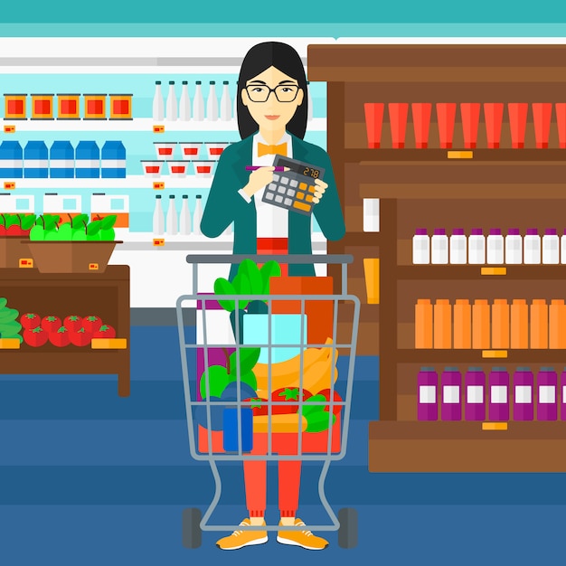 Premium Vector | Woman counting on calculator in the supermarket
