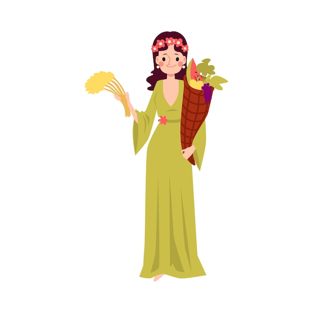 Premium Vector Woman Or Demeter Greek Goddess Stands Holding Cornucopia And Wheat Cartoon Style Isolated On White Background Ceres Mythological Queen Of Harvest With Horn Of Plenty