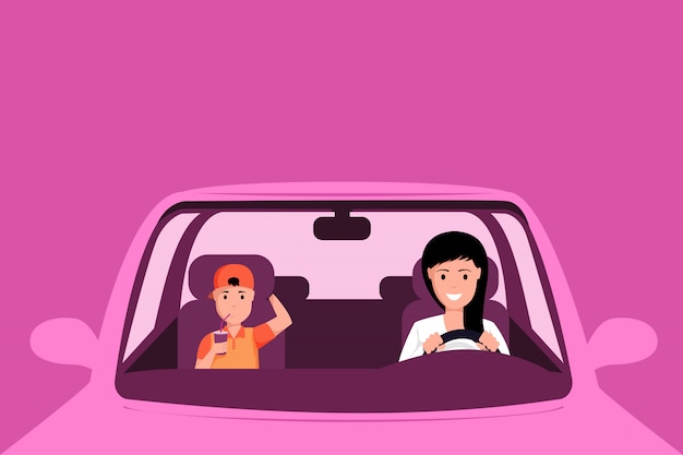 ピンクの車のイラストを運転する女性 母と息子が自動車 家族の遠征の前の席に座っています ピンクに分離された車両にストローでソフトドリンクを飲む少年 プレミアムベクター