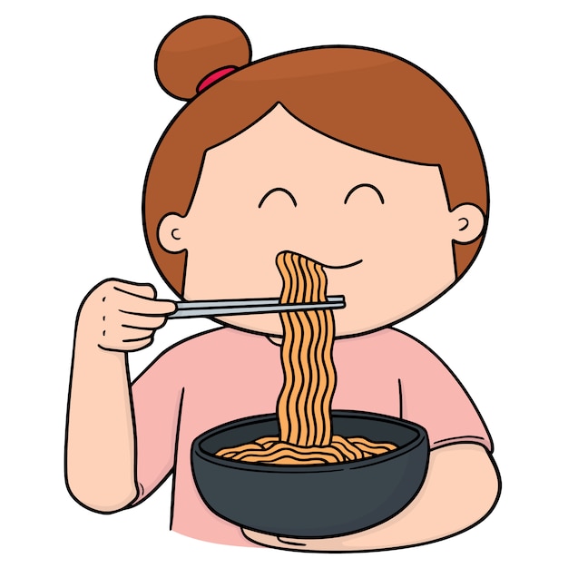 Premium Vector | Woman eat noodle