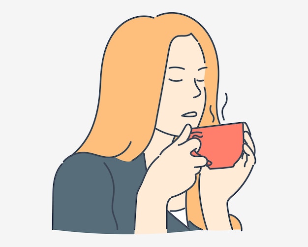 Premium Vector | Woman enjoys having coffee hand drawn