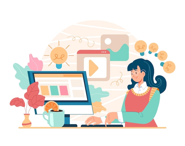 Premium Vector | Woman girl character user sitting home at computer and ...