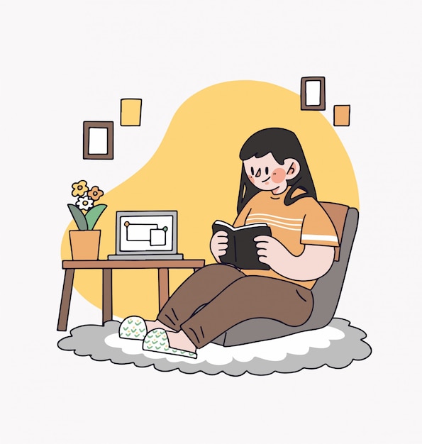 家のイラストで本を読んで学習椅子に座っている女性の女の子 プレミアムベクター