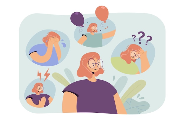 Woman going through nervous breakdown or bipolar behavior disorder. cartoon illustration Free Vector