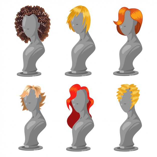 Premium Vector Woman Hair Style On Fashion Mannequin Female Wigs Cartoon Set Isolated On A 