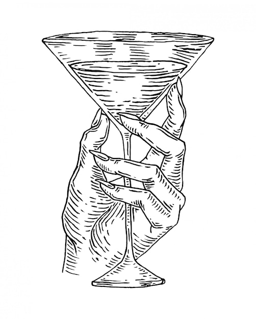プレミアムベクター 女性の手がカクテルをグラスにチャリンという音 彫刻イラスト