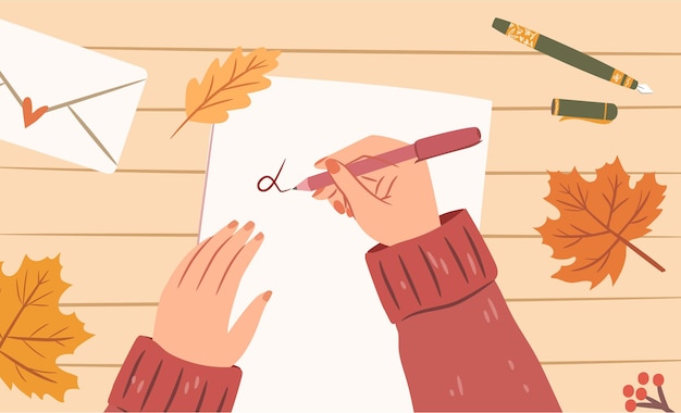 紙に手紙を書くペンで女性の手上面図居心地の良い秋のイラスト プレミアムベクター